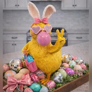 Easter Egg Toating Chick w Bunny Ears Blowing Bubble Peace Sign Figure Decor New